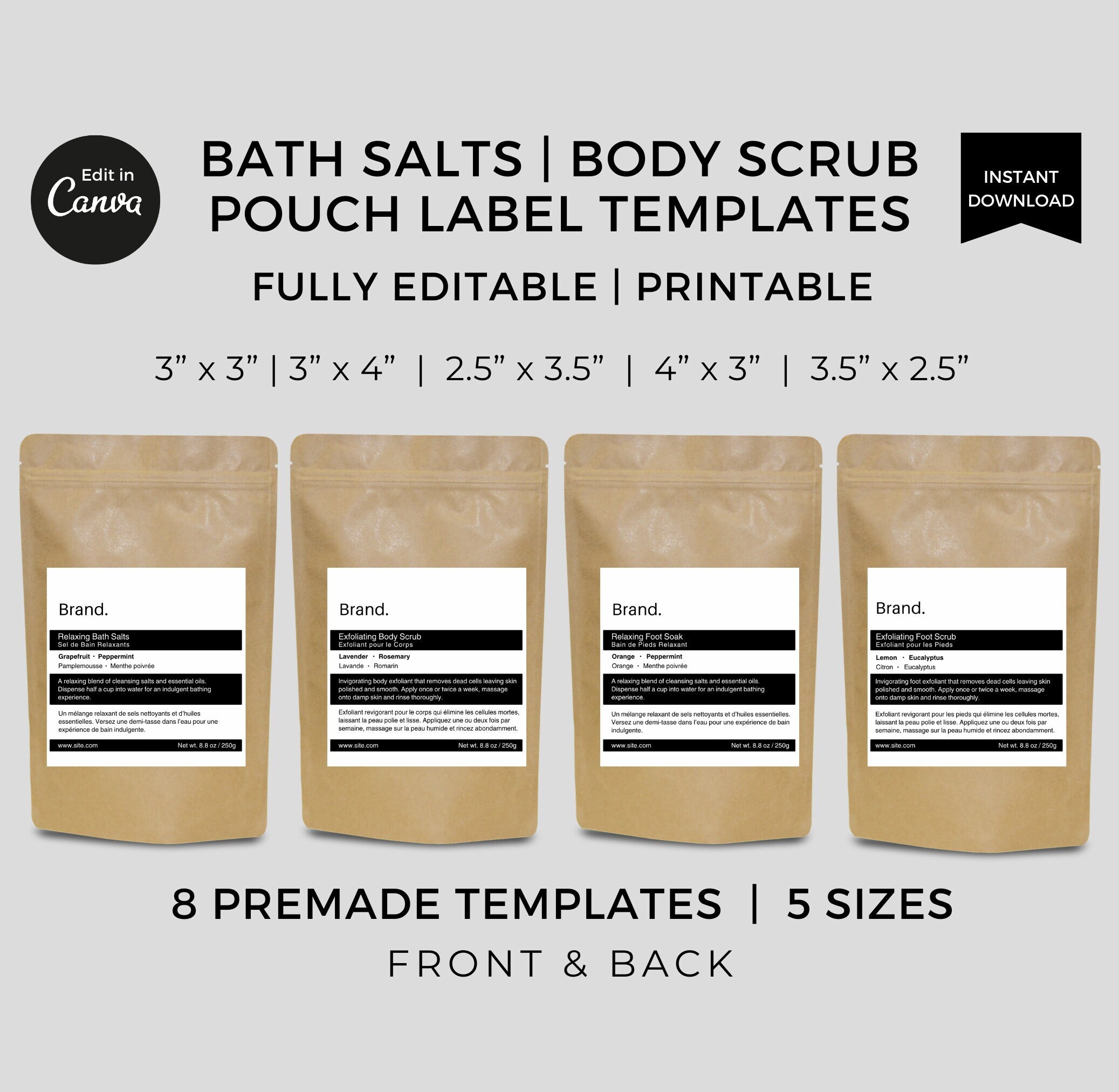 Minimalist Bath Salts Pouch Labels Template Canva, Aesop Label Stickers Editable, Body Scrub Bag Labels Printable, Custom Skincare Packaging