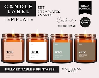May include: Set of four candle label templates with different scents: Fresh, Clean, Relief, and Cozy. The labels are brown with white text and are fully editable and printable. The labels are designed for front and back use.
