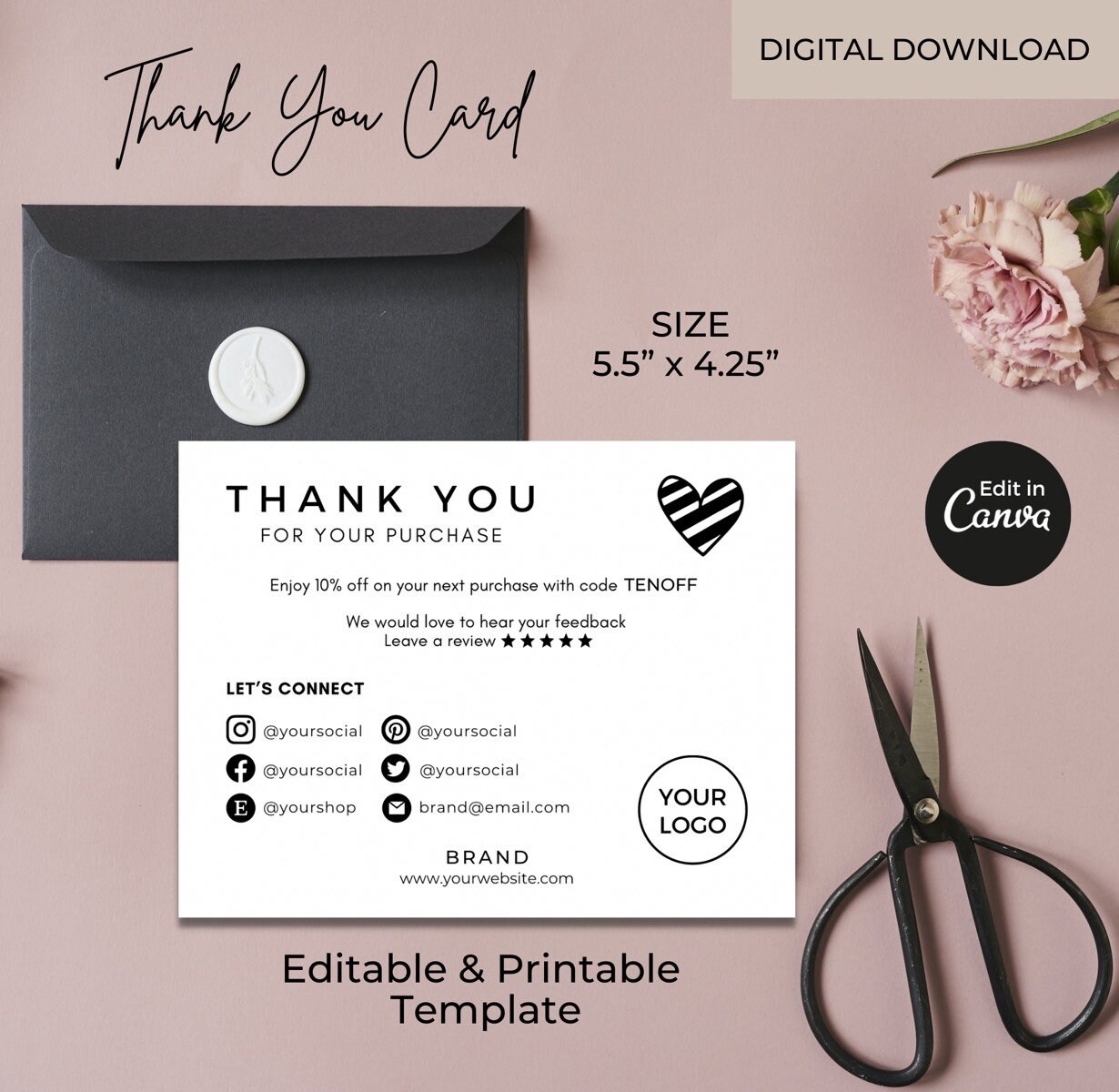 Thank You Card Template Editable Canva Printable Thank You - Etsy