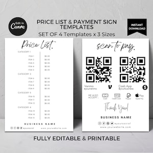 Preislistenvorlage bearbeitbares, druckbares Zahlungskartenset, Preisblattmenü, Scan-To-Pay-Zeichen, QR-Code-Vorlage Canva für Business Shop