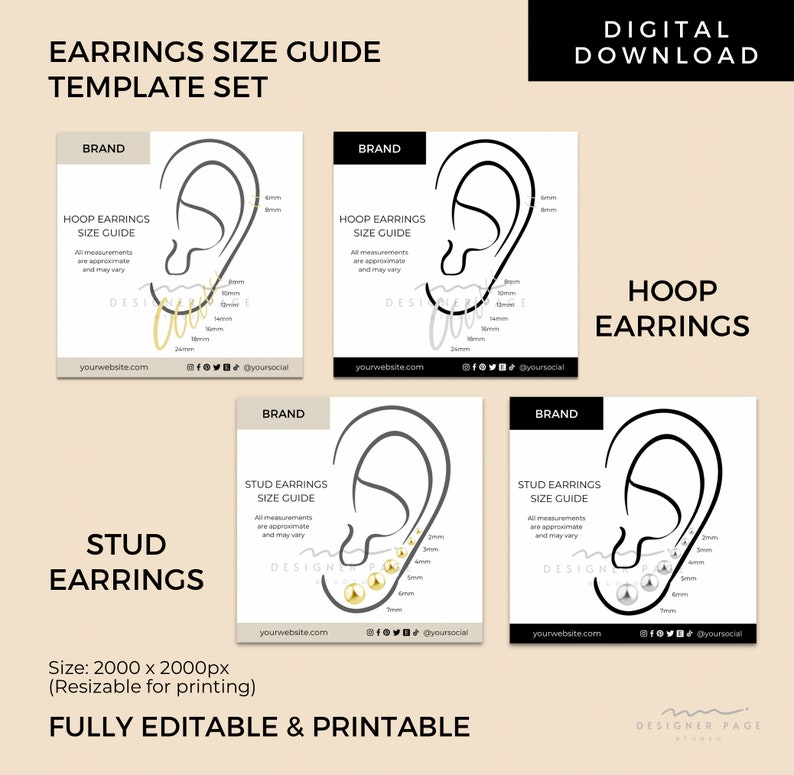 Editable Earrings Size Chart Template Canva, Printable Hoop Earrings Size Chart, Earring Studs