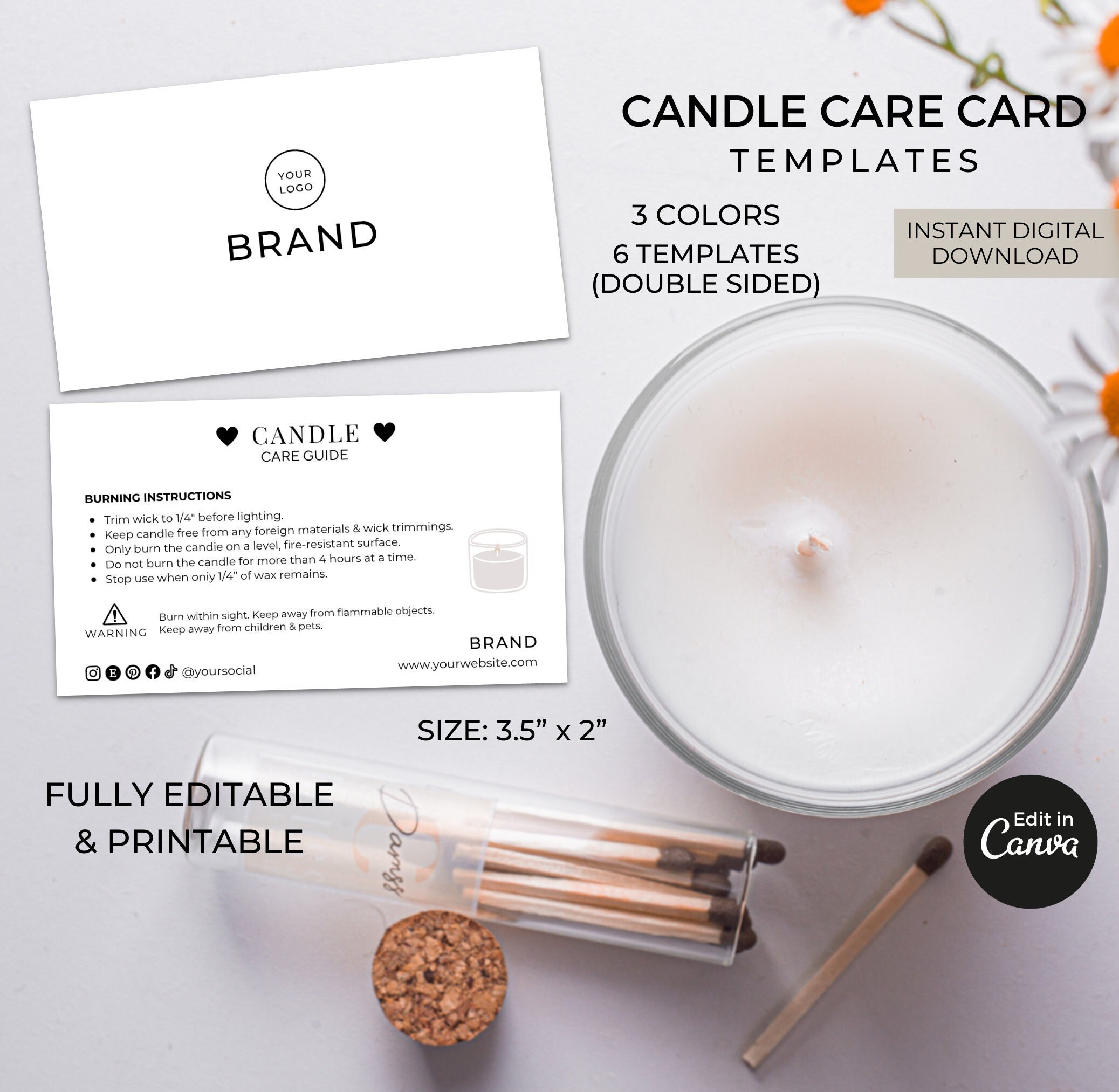 Candle Care Card Template Editable Canva, Printable Candle Care Guide