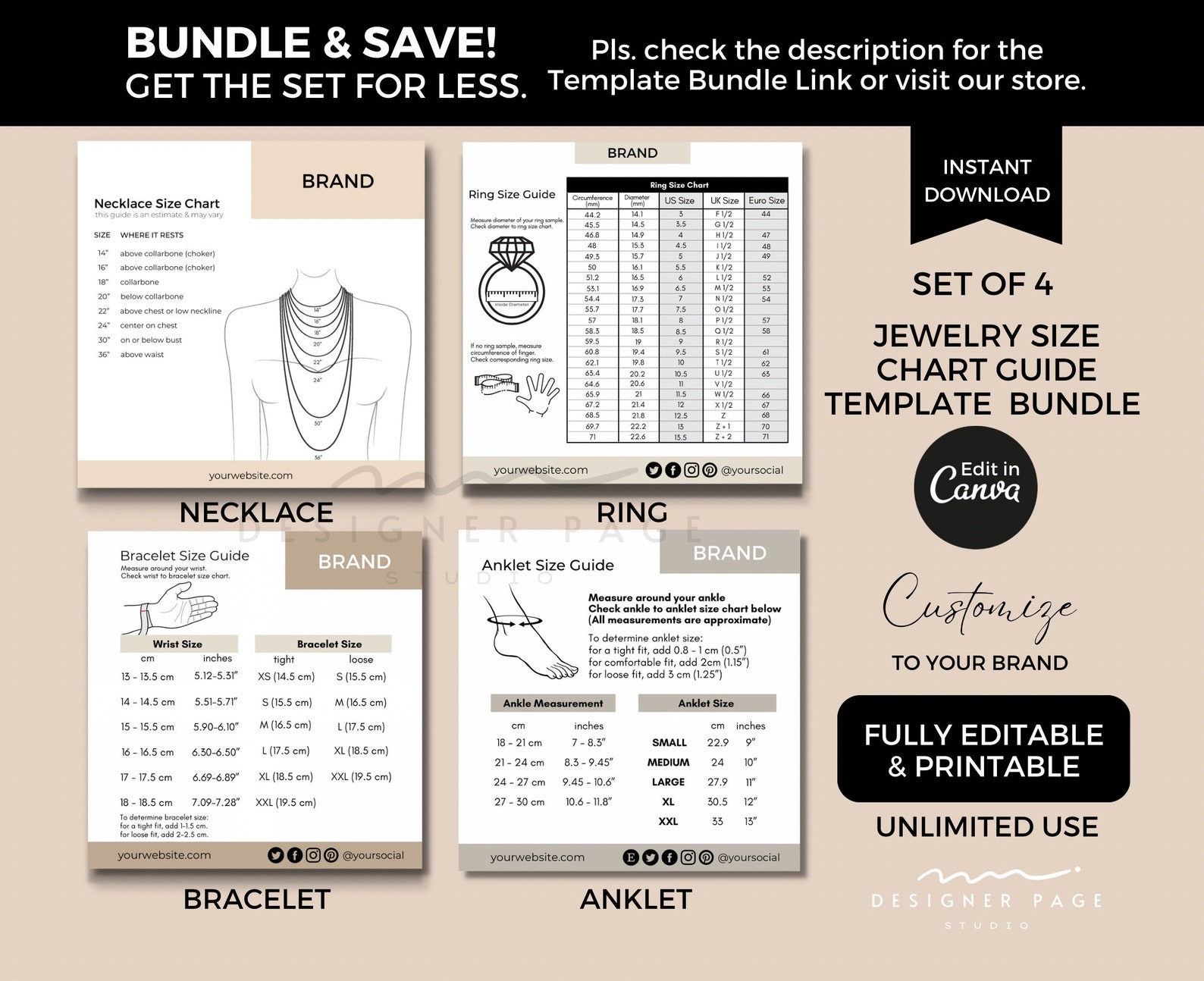 Mens Bracelet Size Chart Template Editable, Printable Accessory Jewelry ...