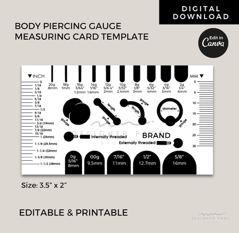 Editable Body Jewelry Piercing Gauge Measurement Card Template Canva, Printable Piercing Gauge