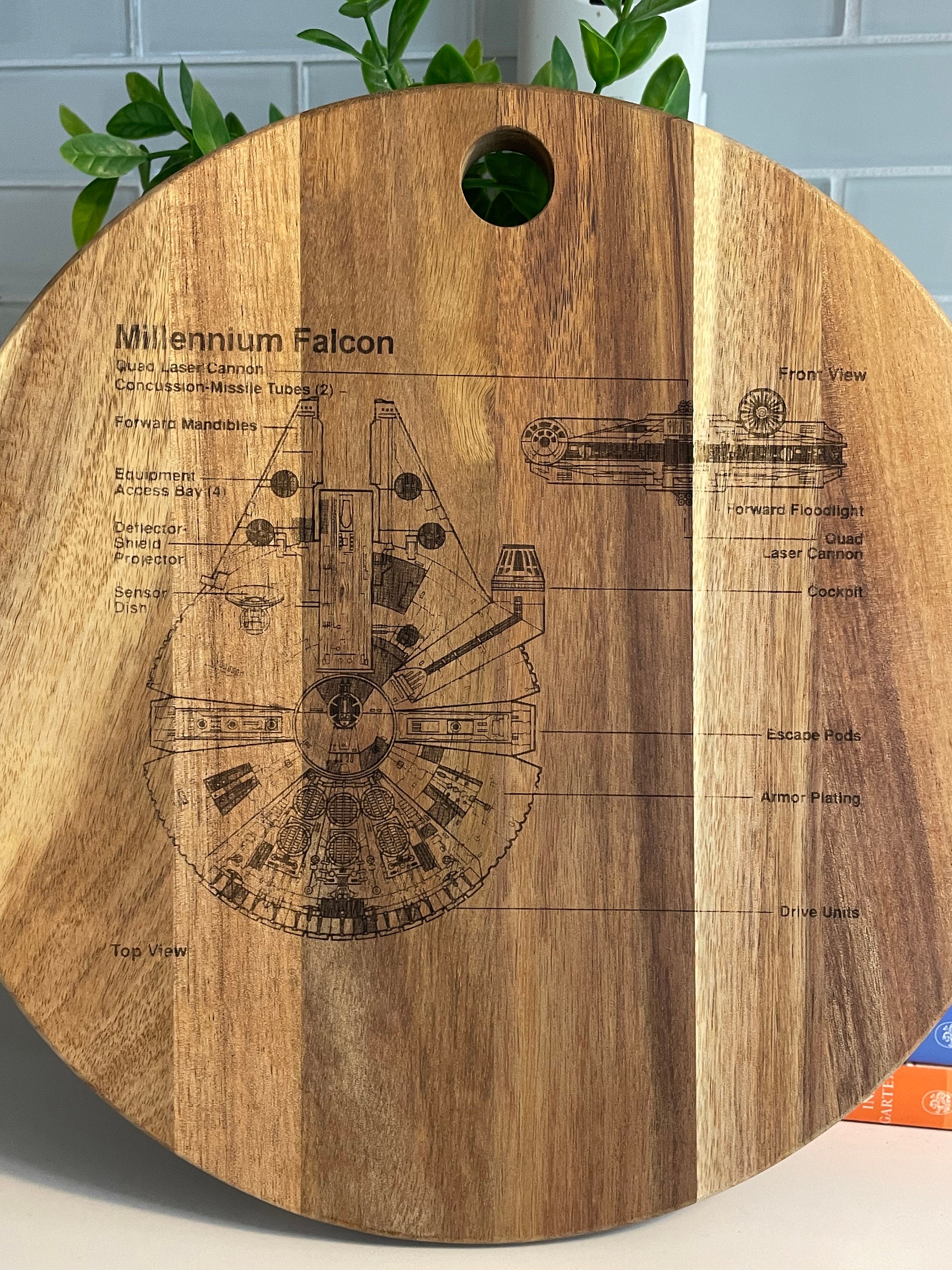 Millennium Falcon Board - Wooden Cutting Board - Engraved Wooden Plate -  Rustic Cutting Board - Futuristic Serving Platter - Valentines Gift