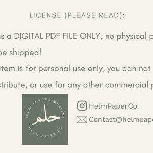 May include: A digital download license agreement for a printable PDF file. The text states that the item is for personal use only and cannot be resold or redistributed for commercial purposes. The image also includes contact information for the seller.