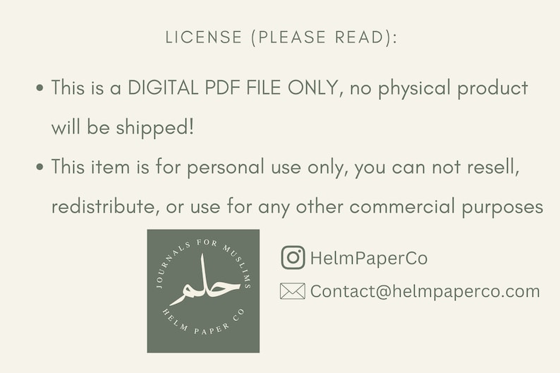 May include: A digital download license agreement for a printable PDF file. The text states that the item is for personal use only and cannot be resold or redistributed for commercial purposes. The image also includes contact information for the seller.