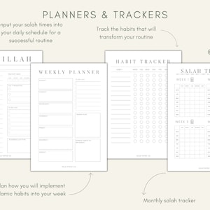 May include: A set of printable planners and trackers for organizing daily routines and habits. The planners include a weekly planner, a habit tracker, and a salah tracker. The planners are designed with a minimalist aesthetic and feature the text "Bismillah" at the top.