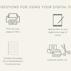 May include: A graphic with four suggestions for using digital files: print, upload to a digital notes app, combine into a binder, and laminate or cut.