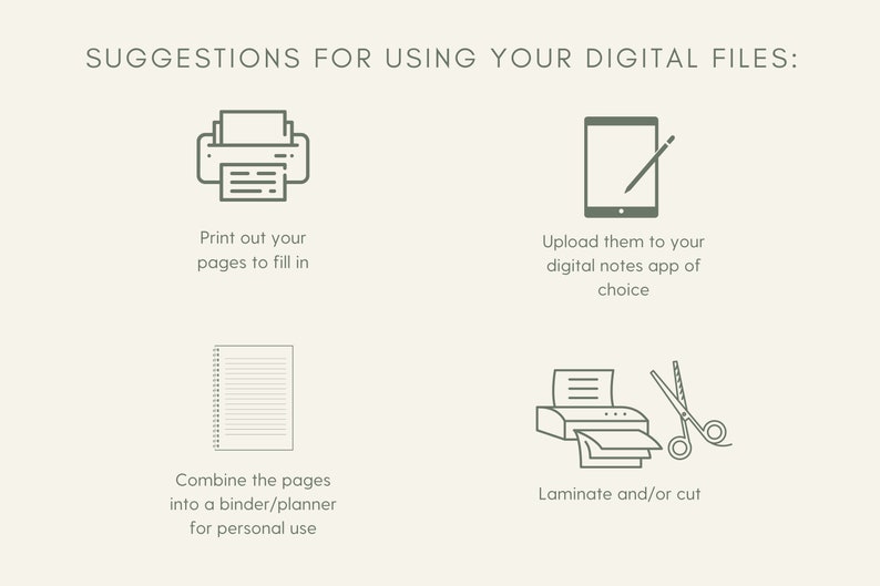 May include: A graphic with four suggestions for using digital files: print, upload to a digital notes app, combine into a binder, and laminate or cut.