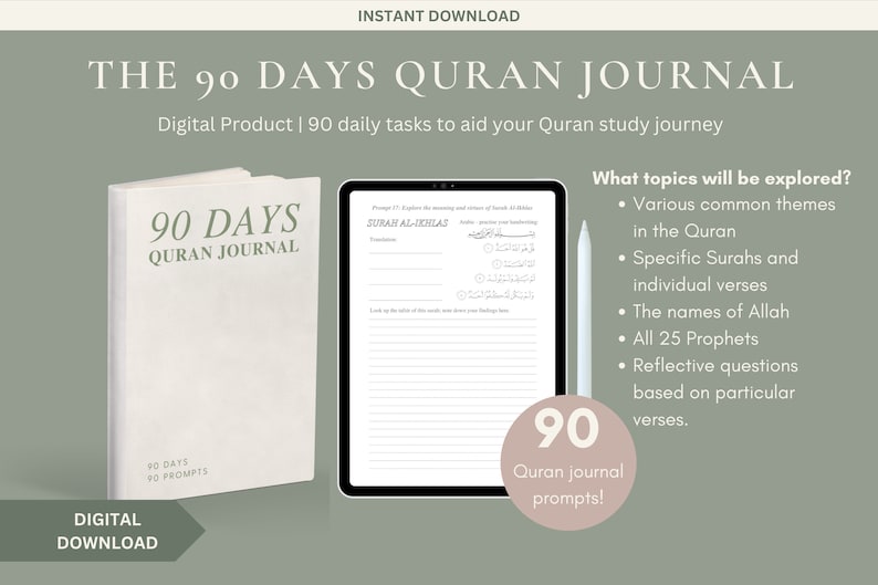 PDF Digital Quran Journal Quran Journaling, Quran study, Quran workbook, ramadan journal, digital islamic book, 90 Days Quran Journal image 1