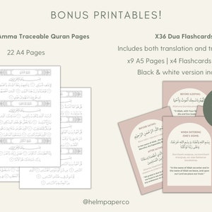 May include: A set of printable Islamic resources, including 22 pages of traceable Quran pages and 36 dua flashcards. The dua flashcards are printed on pink paper with Arabic text and English translations. The text "36 Dua Cards" is printed on a green circle.