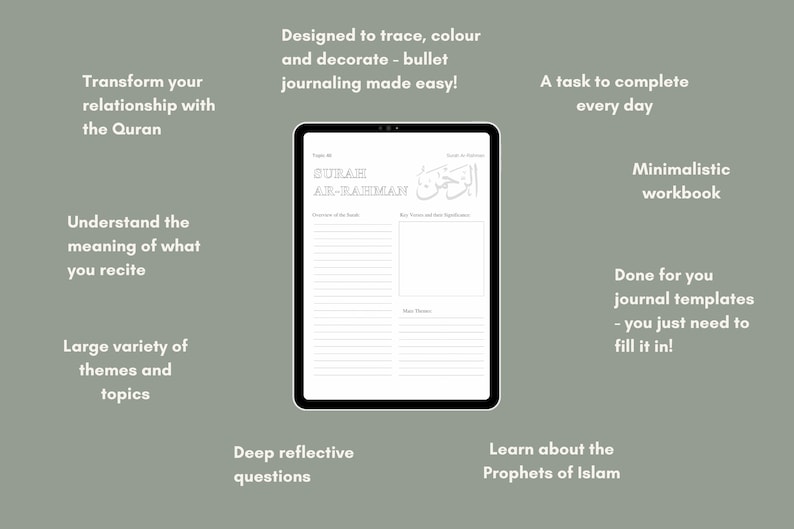 May include: A digital journal template for learning about the Quran. The template features a page with the Arabic text for Surah Ar-Rahman, lines for writing, and space for drawing or coloring. The text "Transform your relationship with the Quran" is written in white on a green background.