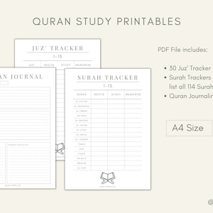 May include: Printable Quran study trackers and journal templates. Includes 30 Juz' tracker, Surah trackers for all 114 Surahs, and a Quran journaling template. A4 size.