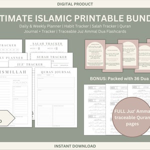 Islamic Printable Bundle // Digital Islamic Planner, muslim planner, salah tracker, quran tracker, quran journal, traceable quran, printable