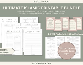 Islamic Printable Bundle // Digital Islamic Planner, muslim planner, salah tracker, quran tracker, quran journal, traceable quran, printable