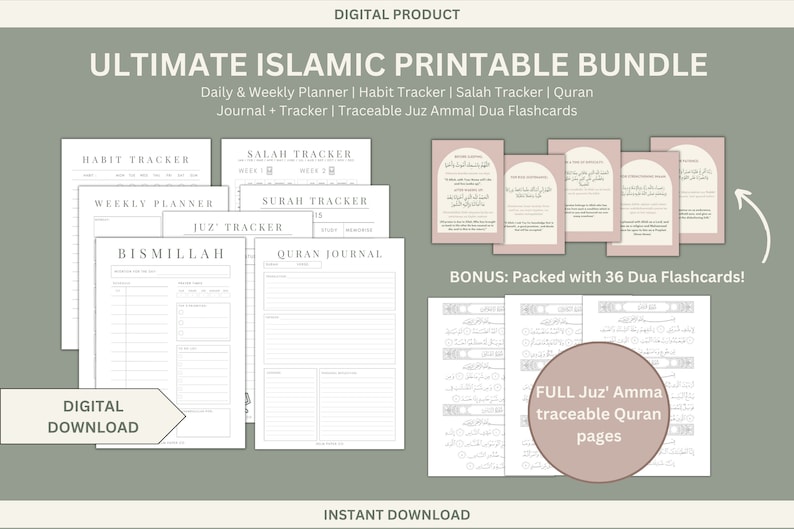 May include: A digital printable bundle for Islamic planning and journaling. Includes a habit tracker, weekly planner, salah tracker, surah tracker, juz tracker, Quran journal, and 36 dua flashcards.  The bundle is available for instant download.