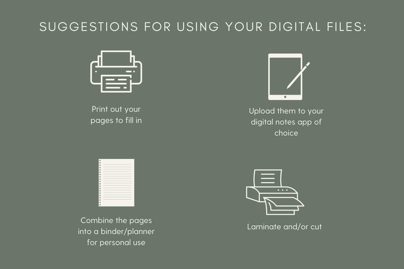 May include: Suggestions for using digital files: print, upload to a digital notes app, combine into a binder, laminate or cut.