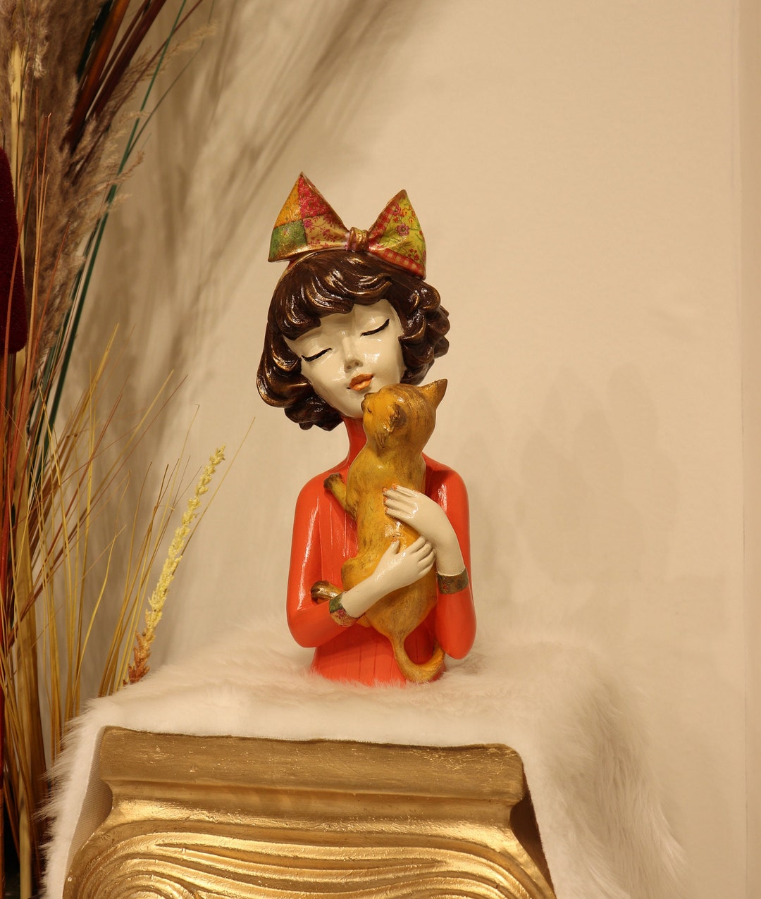 Girl With Cat Statue Lady With Cat Sculpture Cat Girl Etsy