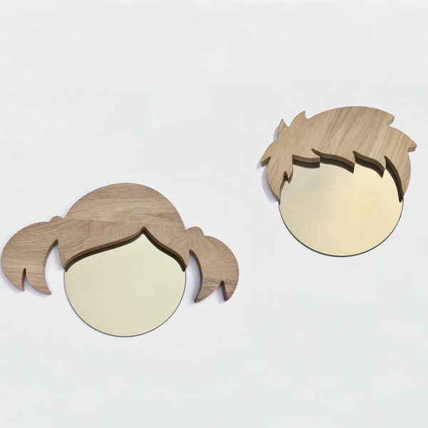 Miroir pour enfant, miroir tête enfant, miroir fille, miroir tête fille, miroir garçon, miroir enfant, miroir bois, miroir chêne