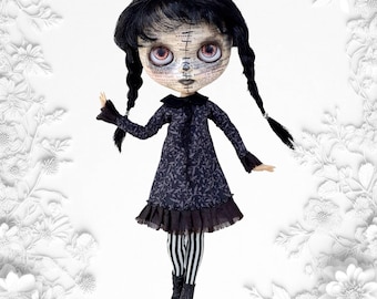 Per Blythe Pullip Obitsu - abito tunica gotico romantico nero e viola con volant, fatto a mano