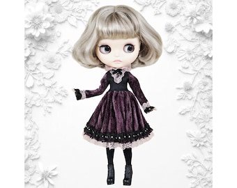 For Blythe Obitsu Pullip doll romantic gothic ruffle velvet dress - black violet pink - hand made