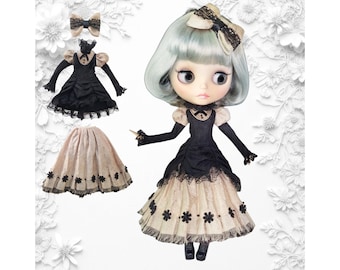 Completo Blythe Obitsu Pullip in stile gotico burlesque vittoriano, composto da giacca, gonna e fiocco per capelli neri e beige, in 3 pezzi, realizzato a mano.