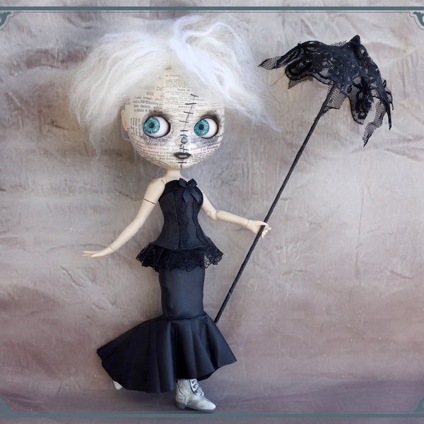 For Blythe Pullip Obitsu doll - black lace gothic romantic corset and skirt dress set- hand made