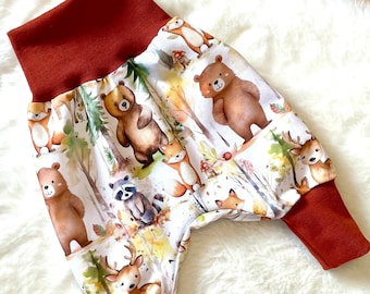 Pumphose 44-122 Waldtiere | Pumphose Füchse Rehe Bär Waschbär | Hose Kinder Frühchen | Baby Mädchen Junge | Mitwachshose | Geschenk Geburt