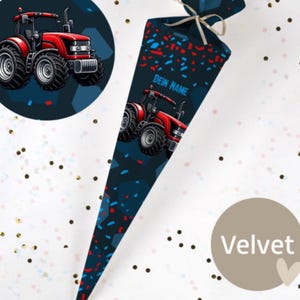 Schultüte Traktor Freddy Step by Step | Tractor Trecker blau rot Bulldog Stoff | Name | Zuckertüte Mädchen Jungen | 70cm