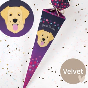 Schultüte Hund School Mood Leni Schulranzen Welpe golden Retriever Sterne Stoff | personalisierbar Name | Zuckertüte Mädchen Jungen | 70cm