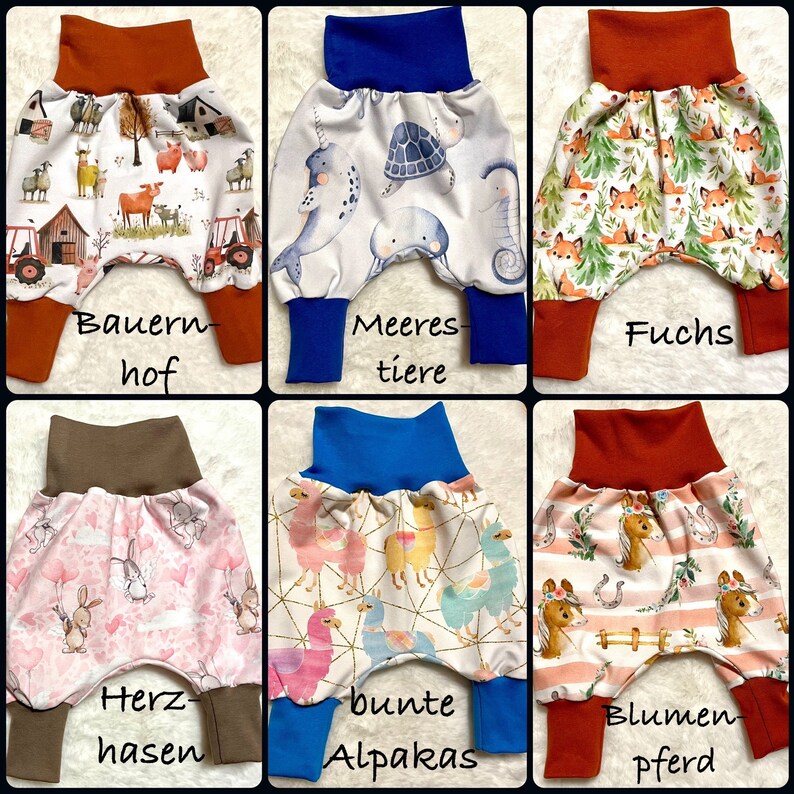 Pumphose 44-122 Frühjahr Frühling viele Motive Baby Kinder Frühchen kurze Hose Mädchen Junge Mitwachshose Krabbelhose Haremshose Bild 2