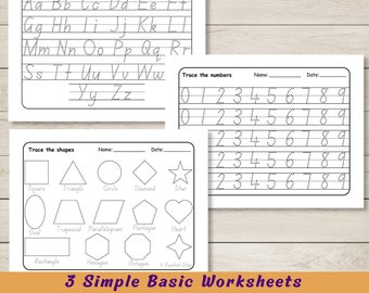 Hojas de trabajo de calco para preescolar: Alfabeto, números y formas (patrón PDF)