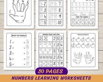 Hojas de trabajo de números para preescolar: trazar, colorear y juego de matemáticas (PDF)