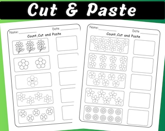 Hojas de trabajo para recortar y pegar de flores de primavera (1-10) / Actividades matemáticas de primavera para jardín de infantes