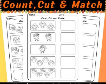 Hojas de trabajo para recortar y pegar números del 1 al 10 del pavo de Acción de Gracias / Actividades matemáticas de otoño para preescolar y jardín de infantes