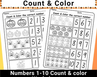 Hojas de trabajo para contar y colorear calabazas de Halloween del 1 al 10 / Actividades de matemáticas para preescolar y jardín de infantes / Práctica de reconocimiento de números imprimible
