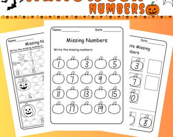 Hojas de trabajo de números faltantes de calabazas de Halloween: Matemáticas para preescolar y jardín de infantes (PDF)