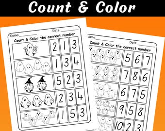 Hojas de trabajo para contar y colorear fantasmas de Halloween / Actividades matemáticas de números del 1 al 10 para preescolar y jardín de infantes / Reconocimiento de números imprimible