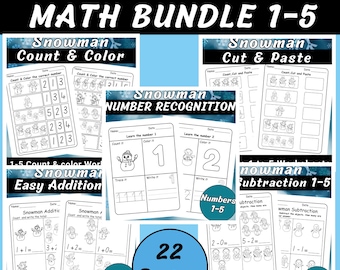 Hojas de trabajo de matemáticas de invierno con muñecos de nieve: reconocimiento de números, conteo del 1 al 5, cortar y pegar, suma y resta