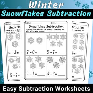May include: Winter-themed subtraction worksheets with snowflake illustrations. Each worksheet includes subtraction problems with visual aids. The worksheets are designed for easy subtraction practice. The text reads 'Snowflakes Subtraction'.