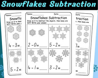 Hojas de trabajo de resta con copos de nieve hasta 10 / Actividades matemáticas de invierno para jardín de infancia