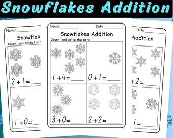 Actividades matemáticas de invierno: Sumas con copos de nieve hasta 10 (hojas de trabajo para jardín de infancia) / Práctica de conteo y suma en invierno