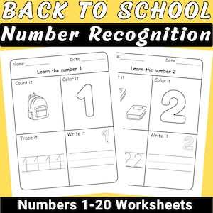 Number Recognition Worksheets 1-20: Back to School Math (PDF Download)