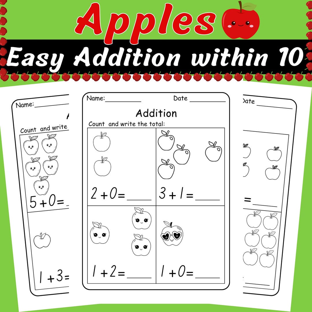 Apple Addition Worksheets: Fall Math Activities for Preschool ...