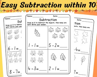 Hojas de ejercicios de resta hasta 10 para otoño / Matemáticas para jardín de infancia: actividad de otoño