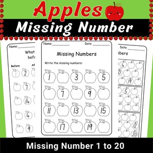 May include: A black and white educational worksheet titled "Apples Missing Number". The worksheet features apple illustrations and number sequences, with fill-in-the-blank exercises for numbers 1 to 20, suitable for early learning.