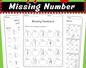 Hojas de trabajo con números faltantes de Apple (1-20) / Actividades matemáticas de otoño para preescolar y jardín de infantes