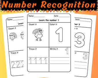 Actividades matemáticas de Acción de Gracias: Hojas de trabajo de reconocimiento de números del 1 al 20 con temática de pavo / Práctica de conteo de otoño para preescolar y jardín de infantes