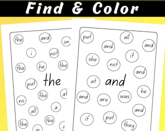 Hojas de trabajo para encontrar y colorear palabras visuales: Alfabetización de 1.º y 2.º grado (PDF imprimible)